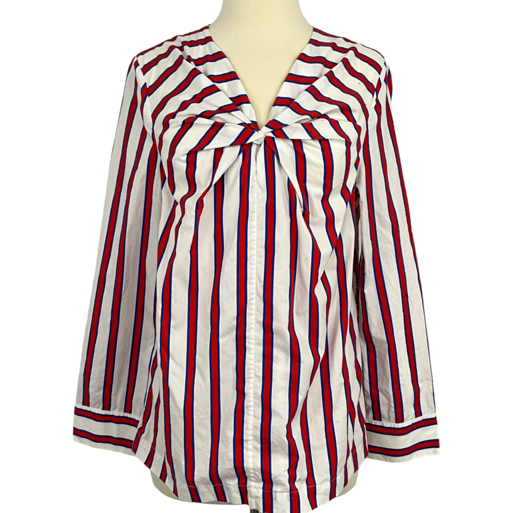MSGM Blouse Red White Striped Long Sleeve Womens EUR 40 V Neck Zip Back Cotton